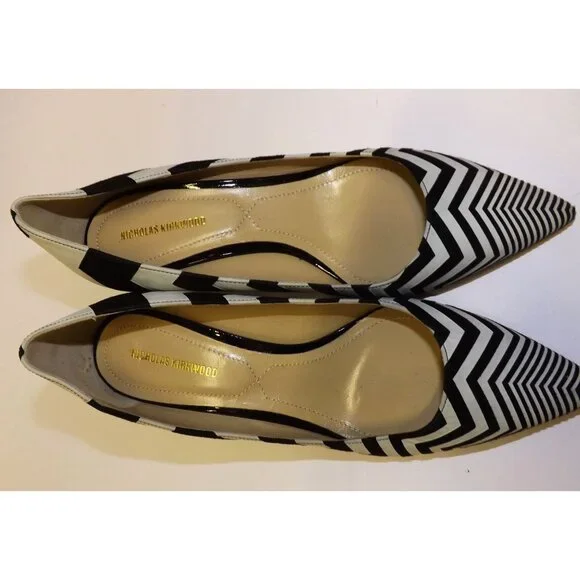 Nicholas Kirkwood Gold Prism Pump Chevron Point Toe Heel Black White Sz 7 ZigZag - Picture 11 of 12